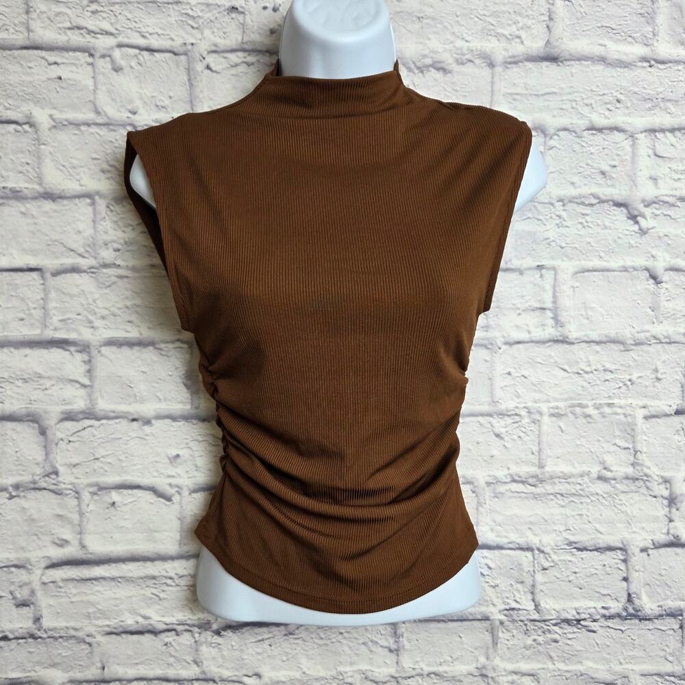 NWOT Cider Small Brown Mock Neck Ruched Side Tank Top